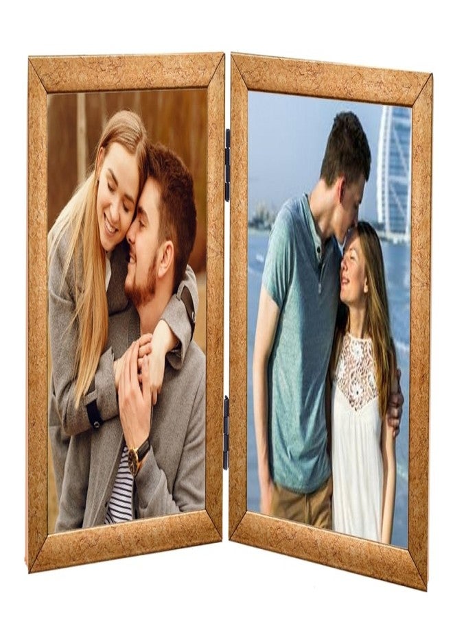 KDM HOME DECOR إطار صور قابل للطي من KDM HOME DECOR، مقاس A5 (6x8 بوصة)، مصنوع من الخشب الصناعي المرن والزجاج (أكريليك)، مع حامل طاولة قابل للطي (يتسع لصورتين مقاس 6x8 بوصة)، بنقشة مميزة ولون ذهبي. - Image 2